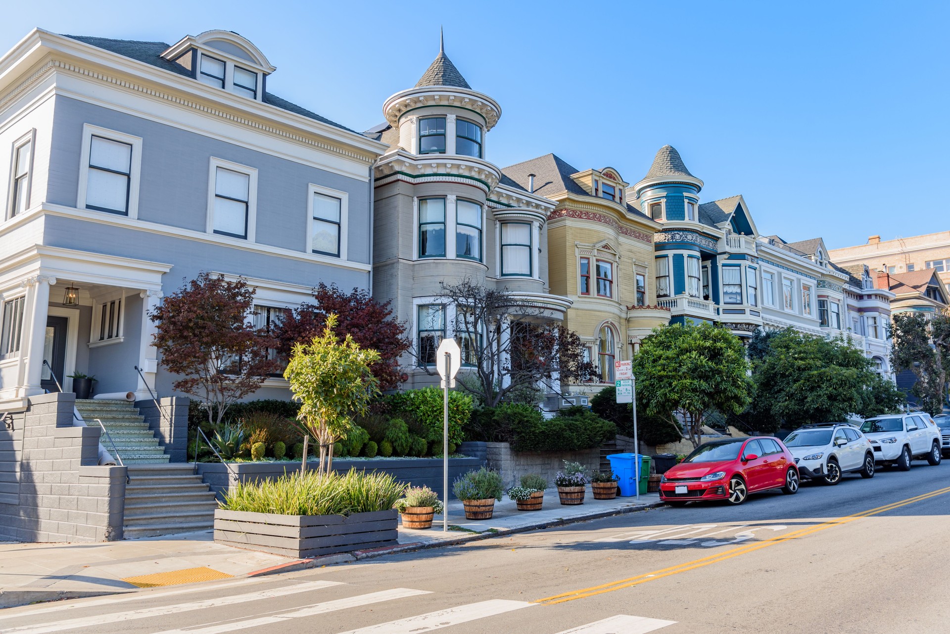 Row of traditional houses in a residential district on a clear autumn day
